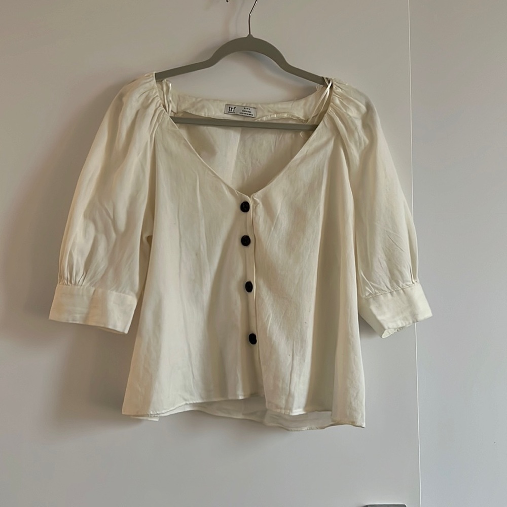 Zara Cream Linen Button Front Puff Sleeve Blouse